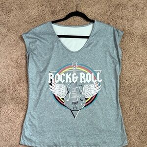 Rock & Roll Graphic Women's Green Gray Sleeves Top